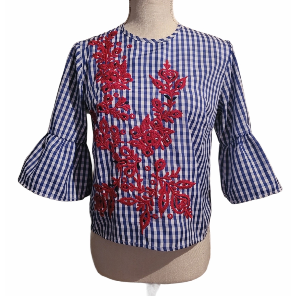 Flores Embroidered Bell-Sleeve Checkered Blouse Small Blue Red White